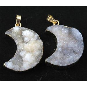 white druzy quartz pendant, moon, gold plated, approx 20-32mm