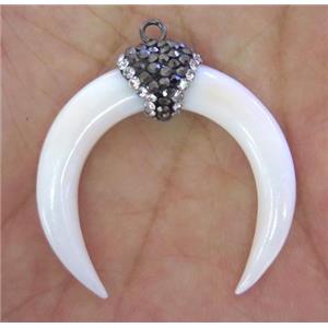 white shell crescent pendant paved rhinestone, horn, approx 33mm dia
