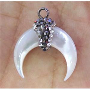 white pearl shell crescent pendant paved rhinestone, horn, approx 20mm dia