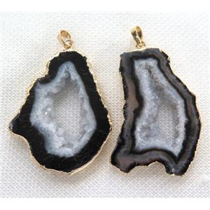 Black Agate Druzy Slice Pendant Freeform Gold Plated, approx 20-50mm