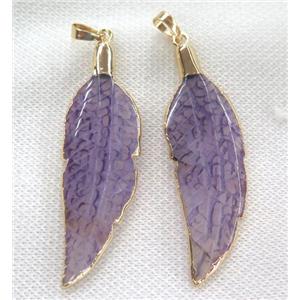purple agate pendant, feather, gold plated, approx 15-50mm