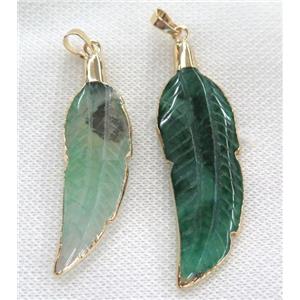 green agate pendant, feather, gold plated, approx 15-50mm