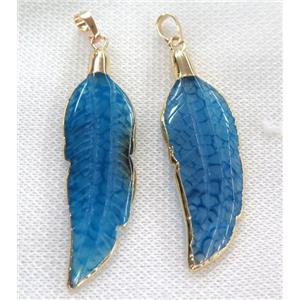 blue agate pendant, feather, gold plated, approx 15-50mm