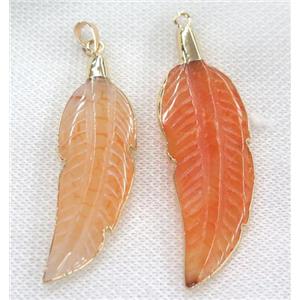 orange agate pendant, feather, gold plated, approx 15-50mm