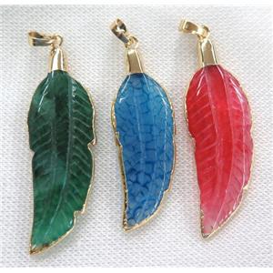 agate pendant, mix color, feather, gold plated, approx 15-50mm