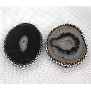 black agate druzy connector paved silver foil, freeform, approx 25-40mm