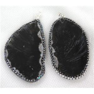 black agate slice pendant paved foil, freeform, approx 30-70mm