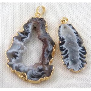 Agua Nueva Mexican Agate druzy slice pendant, freeform, gold plated, approx 15-40mm