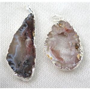 druzy Agate slice pendant, freeform, sliver plated, approx 15-40mm