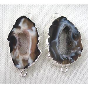 druzy Agate slice connector, freeform, silver plated, approx 15-30mm
