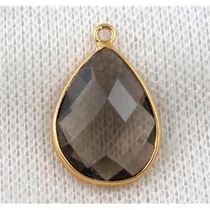 crystal glass pendant, teardrop, smoky, gold plated, approx 16x20mm