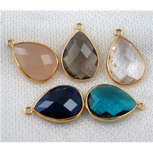 crystal glass pendant, teardrop, mix color, gold plated, approx 16x20mm