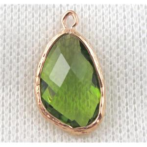 olive crystal glass teardrop pendant, gold plated, approx 12-18mm