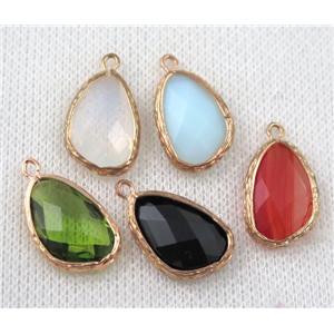 crystal glass teardrop pendant, mix color, gold plated, approx 12-18mm