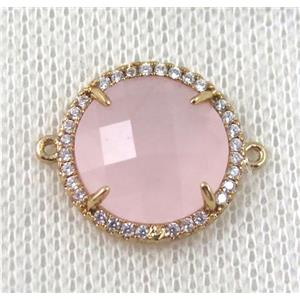 pink crystal glass flat-round connector paved zircon, gold plated, approx 18mm dia