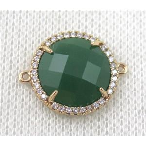 green crystal glass flat-round connector paved zircon, gold plated, approx 18mm dia
