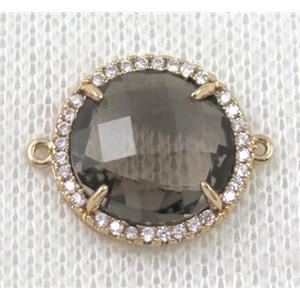 smoky crystal glass flat-round connector paved zircon, gold plated, approx 18mm dia