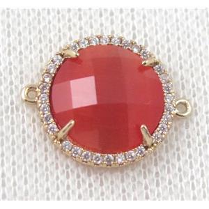 red crystal glass flat-round connector paved zircon, gold plated, approx 18mm dia