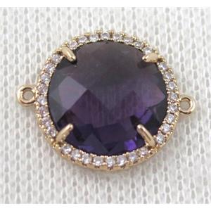 dark-purple crystal glass flat-round connector paved zircon, gold plated, approx 18mm dia