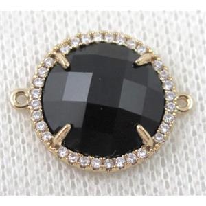 black crystal glass flat-round connector paved zircon, gold plated, approx 18mm dia