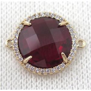 ruby crystal glass flat-round connector paved zircon, gold plated, approx 18mm dia