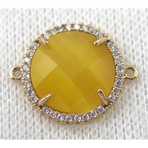 yellow crystal glass flat-round connector paved zircon, gold plated, approx 18mm dia