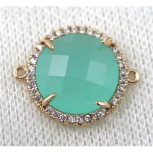aqua crystal glass flat-round connector paved zircon, gold plated, approx 18mm dia