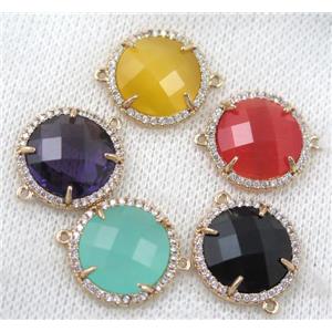 crystal glass flat-round connector paved zircon, mix color, gold plated, approx 18mm dia