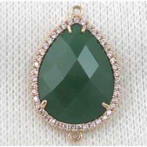 green crystal glass teardrop connector paved zircon, gold plated, approx 14x18mm