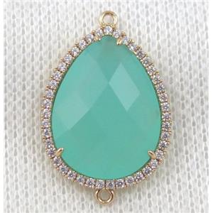 aqua crystal glass teardrop connector paved zircon, gold plated, approx 18x24mm