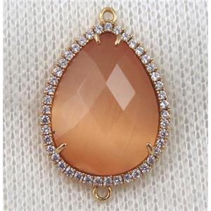 orange crystal glass teardrop connector paved zircon, gold plated, approx 14x18mm