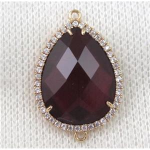 dark-red crystal glass teardrop connector paved zircon, gold plated, approx 14x18mm
