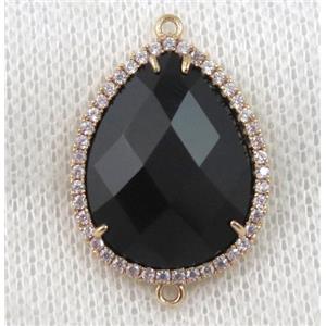 black crystal glass teardrop connector paved zircon, gold plated, approx 18x24mm