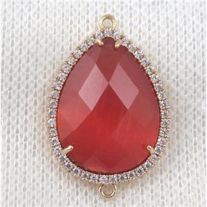 ruby crystal glass teardrop connector paved zircon, gold plated, approx 14x18mm