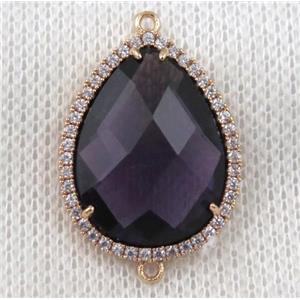 dark-purple crystal glass teardrop connector paved zircon, gold plated, approx 18x24mm