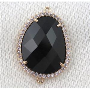 black crystal glass teardrop connector paved zircon, gold plated, approx 18x24mm