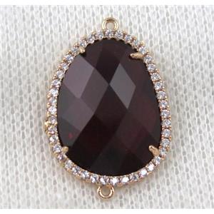 dark-ruby crystal glass teardrop connector paved zircon, gold plated, approx 18x24mm