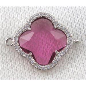 hot pink crystal glass four-leaf Clover connector paved zircon, platinum plated, approx 20mm dia
