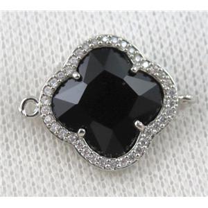 black crystal glass four-leaf Clover connector paved zircon, platinum plated, approx 20mm dia