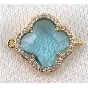 aqua crystal glass four-leaf Clover connector paved zircon, gold plated, approx 20mm dia