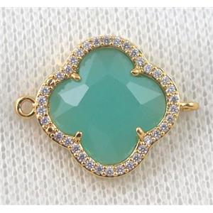 green crystal glass four-leaf Clover connector paved zircon, gold plated, approx 20mm dia