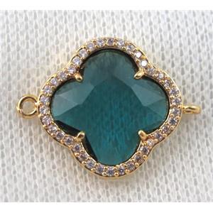 peacock blue crystal glass four-leaf Clover connector paved zircon, gold plated, approx 20mm dia