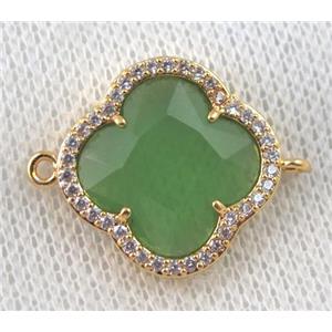 olive crystal glass four-leaf Clover connector paved zircon, gold plated, approx 20mm dia