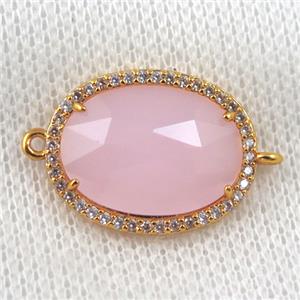 pink crystal glass connector paved zircon, faceted oval, gold plated, approx 16x20mm