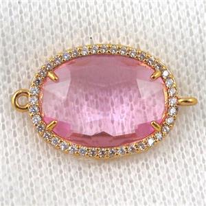 pink crystal glass connector paved zircon, faceted oval, gold plated, approx 16x20mm