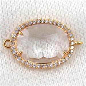 clear crystal glass connector paved zircon, faceted oval, gold plated, approx 16x20mm