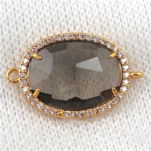 smoky crystal glass connector paved zircon, faceted oval, gold plated, approx 16x20mm
