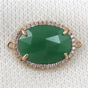 green crystal glass connector paved zircon, faceted oval, gold plated, approx 16x20mm
