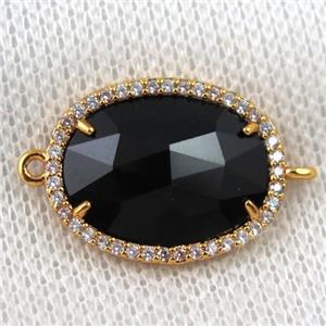 black crystal glass connector paved zircon, faceted oval, gold plated, approx 16x20mm