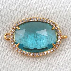 aqua crystal glass connector paved zircon, faceted oval, gold plated, approx 16x20mm